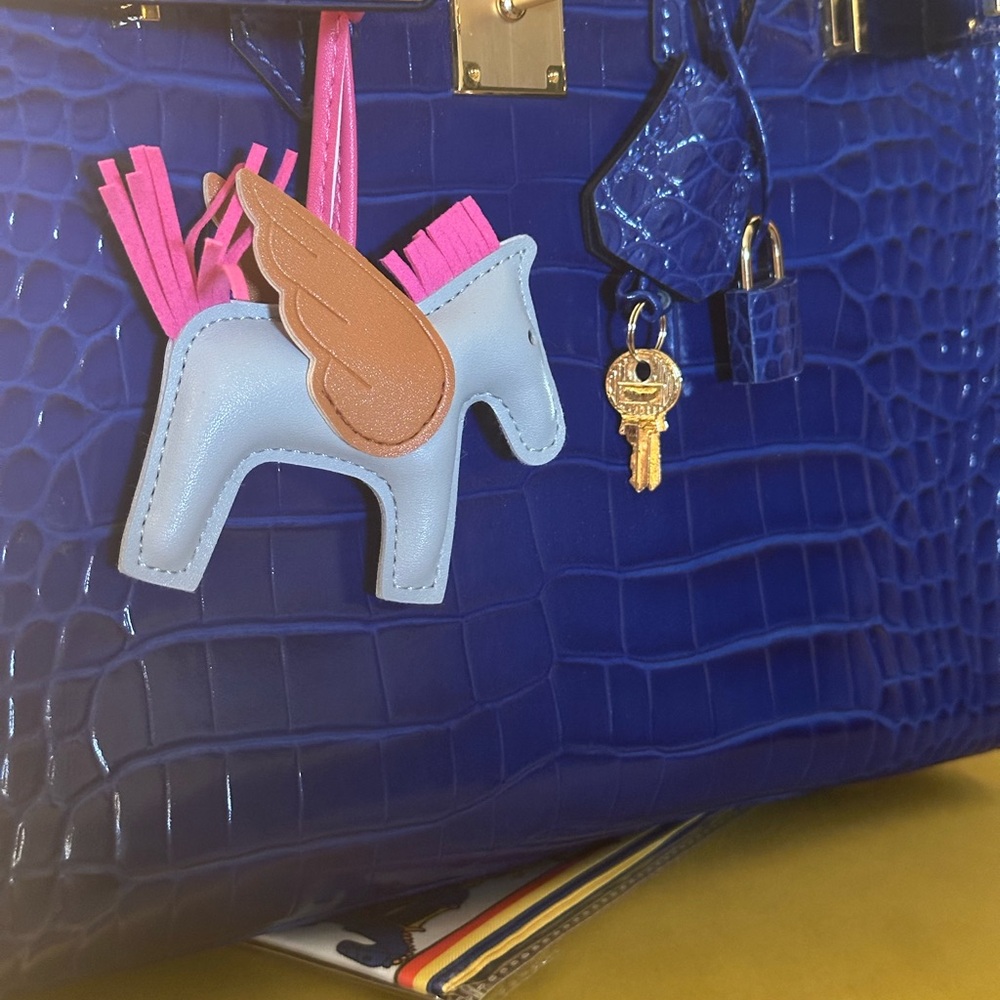 Blue Crocodile Embossed Leather Handbag with bag Charm - Picture 3 of 9